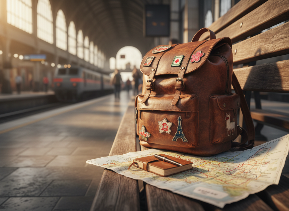 A well-traveled leather backpack, scuffed at the corners and covered in tiny stitched patches from different countries, rests on a sunlit train station bench made of smooth, worn wood. Beside it, a folded paper map with colorful route lines and a small, well-used journal lie slightly askew, as if just set down mid-itinerary planning. Late afternoon light streams through tall station windows, casting long, soft shadows and a warm golden glow over the scene. Captured at eye level in crisp photographic realism with a shallow depth of field, the background becomes a gentle blur of platforms and rails, creating an inviting, playful mood that hints at spontaneous adventures and future travel stories.
