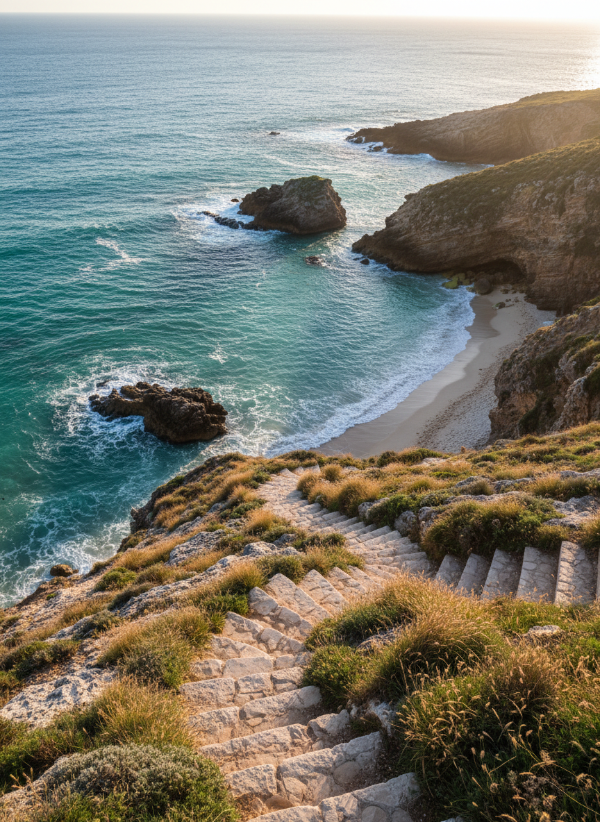 A secluded rocky coastline captured from a slightly elevated cliffside vantage point, showing turquoise water curling into tiny, sheltered coves below. Sun-bleached stone steps, uneven and hand-carved, wind discreetly down between wild grasses and low shrubs, leading to a small, pale sand patch barely visible from above, evoking a true hidden gem. Late afternoon sun bathes the scene in a warm, honeyed light, sparkling on the gentle waves and casting soft shadows in the rock crevices. The composition uses the rule of thirds, with the path leading the eye towards the cove, and a wide depth of field keeps every detail crisp. The photographic realism and tranquil atmosphere convey the thrill of stumbling upon a secret favorite spot off the typical tourist trail.