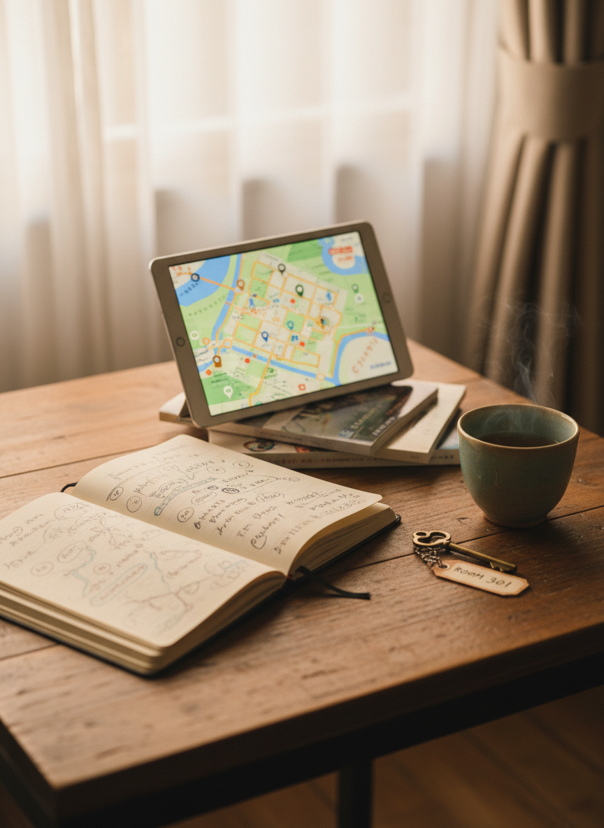 A compact travel desk scene in a cozy guesthouse room, featuring an open notebook filled with handwritten route sketches and circled place names, resting on a rustic wooden table with visible grain and small nicks. A slim tablet displays a colorful city map, while a small ceramic cup of tea cools beside a key with a handwritten room tag. Morning light filters through semi-sheer curtains, creating soft, diffused illumination and subtle highlights on the paper edges. Shot from a slightly elevated angle in realistic, documentary-style photography, the composition uses the rule of thirds to leave the far side of the table fading into a gentle blur, evoking a calm, reflective mood perfect for plotting itineraries and secretly marking hidden gems.