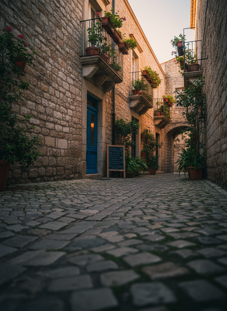 A narrow cobblestone alley in an old European town, photographed in rich detail from a low, forward-facing angle as if just turning the corner. Weathered stone walls in muted ochres and greys rise on either side, adorned with tiny balconies overflowing with plants and a single bright door slightly ajar, suggesting a favorite local spot. Late golden hour sunlight grazes the upper stones while the alley below sits in cool shade, creating a dramatic contrast and long, soft-edged shadows. A small chalkboard-style menu sign, deliberately turned away from the camera so no text is legible, hints at a tucked-away café. The photographic realism and shallow depth of field create a playful sense of discovery, perfect for a blog about secret recommendations.