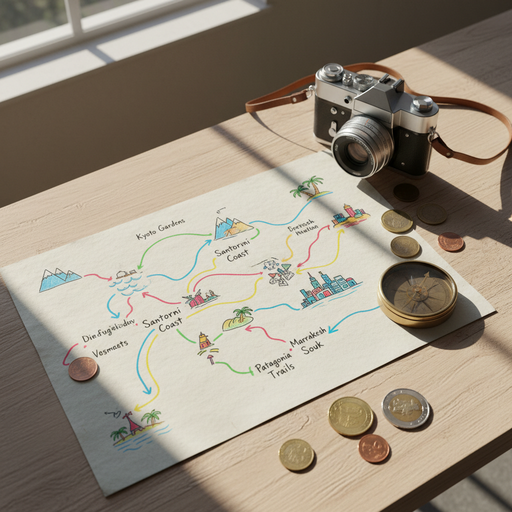 A bright overhead view of a hand-drawn travel itinerary spread out across a wide, pale wooden table, captured without any people. Multicolored lines connect small doodled icons of mountains, beaches, and city skylines on textured off-white paper. Around the itinerary lie a vintage-style camera, a compass with a brushed brass finish, and a scatter of foreign coins, all carefully arranged. Soft midday window light from the left creates gentle shadows and a clear, vibrant look, making every object’s texture stand out. Photographic realism with a sharp focus across the frame emphasizes the organized chaos of trip planning. The mood is playful and optimistic, suggesting a traveler mapping favorite spots, smart routes, and unexpected detours that might turn into future stories.